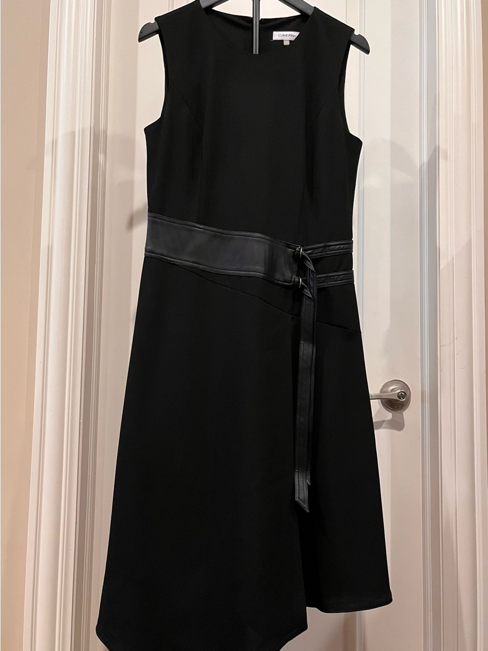 Calvin Klein Black Asymmetrical Dress Faux Leather Waist Belt Trim Size 8
